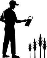 Agricultural Worker Examining Corn Plants in Field with Clipboard for Crop Management vector