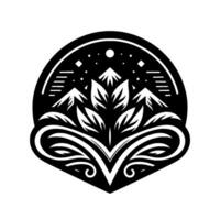 Stylized black and white featuring mountains, leaves, and a night sky, encased in a rounded emblem, suggesting a blend of nature and decorative art. vector