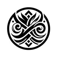 Circular black and white featuring stylized plant and geometric shapes, creating a symmetrical and intricate ornamental pattern within a round border. vector