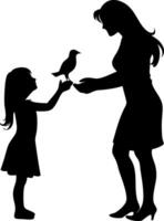 Mother and Daughter Silhouette Holding Bird Capturing Connection and Nature for Art Projects vector