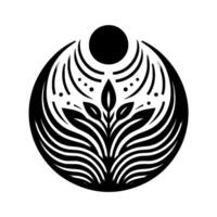 Symmetrical Botanical Emblem A stylized monochrome illustration showcasing plant life within a circular . vector