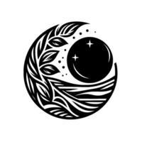 intrincado negro y blanco circular presentando un creciente, esfera, follaje, ondas, y estrellas. vector