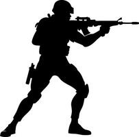 Dynamic Soldier Silhouette Aiming with Rifle Tactical Pose for Military-Themed Designs vector