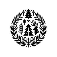 Stylized circular featuring black silhouette elements deer, trees, foliage, and heart, on white. vector