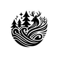 A minimalist black and white circular emblem depicting a stag in a winter forest with stylized trees, waves, and stars. vector
