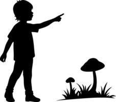 Silhouette of Child Pointing at Mushrooms in Nature Scene Ideal for Illustrations and Designs vector