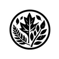 Black and white circular featuring a symmetrical arrangement of various stylized leaves, branches, and foliage. vector