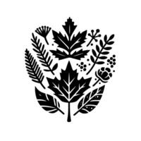 Black and White Botanical Illustration of Maple Leaves, Berries, and Ferns, Arranged in a Symmetrical Oval . vector