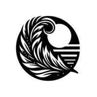 Abstract black and white circular , stylized leaf and wave forms, sun and sea represented, minimalist illustration. vector