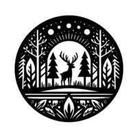 A circular black and white silhouette depicts a stag standing amidst a serene forest landscape with stylized trees and vegetation under a shining sun or moon. vector