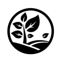 Minimalist Emblem Black and White Depicting a Plant with Leaves, Within a Circular Frame, Over a Rolling Hills Silhouette. vector