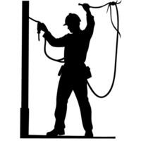 Silhouette of Construction Worker Performing Electrical Work with Tools and Rope vector
