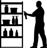 Warehouse Worker Organizing Shelves with Bottles and Containers for Efficient Storage vector