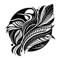 Intricate Black and White Floral within an Oval Frame Featuring Feathery Elements, Emphasizing Contrast and Texture. vector
