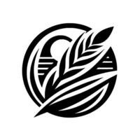 Minimalist Black and White Illustration A stylized feather within a circular frame, showcasing a blend of geometric and organic shapes. vector