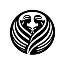 A stylized Gemini symbol featuring two female profiles in a black and white circular with winglike elements. vector