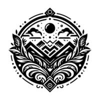 Black and White Intricate Mountain Mandala with Leaves, Clouds, Geometric Shapes, and a Celestial Sphere, Decorative Line Art. vector