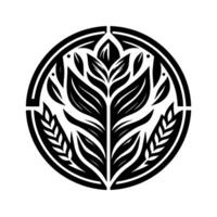 Symmetrical Botanical Illustration Black and white circular featuring stylized leaves and wheat elements within a geometric border. vector