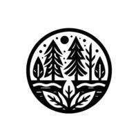 Circular, minimalist blackandwhite illustration of a serene forest scene trees, lake, leaves, and celestial elements, evoking tranquility. vector