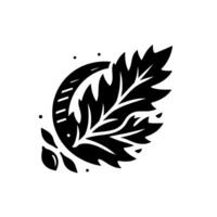 Minimalist Black Leaf with Curved Line Element and Subtle Dot Accents on White Background, Artistic Botanical Illustration. vector