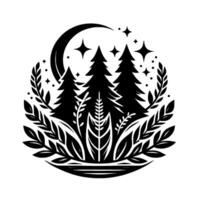 Black and White Illustration Crescent Moon, Stars, Evergreen Trees, and Floral Elements in a Circular Frame. vector