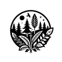 A minimalist black and white circular illustration of a forest scene with trees, foliage, birds, and a sun in a papercut style. vector