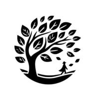 Silhouette of a person walking under a stylized tree with falling leaves, within a circular frame on a white background, evoking a peaceful atmosphere. vector