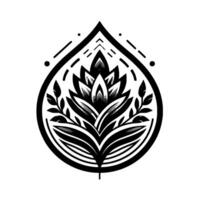 Abstract Black and White Floral Emblem within Teardrop, Featuring Leaves, Lines, Geometric Accents, and Decorative Elements. vector