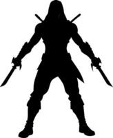 Ninja Warrior Silhouette with Dual Swords for Tattoo Design and Graphic Art Projects vector