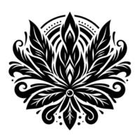 Intricate black and white symmetrical floral , with layered leaf patterns, radiating from a central eyelike point, set against a stark white background. vector