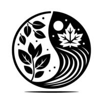 YinYang styled black and white illustration of a circle split into two halves featuring plants, leaves, a maple leaf, and nature elements. vector