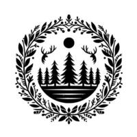 Black and White Circular Illustration Forest scene with deer, trees, moon within floral wreath, minimalist . vector