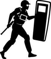 Dynamic Police Officer in Tactical Gear Carrying Shield and Firearm for Emergency Response Design vector