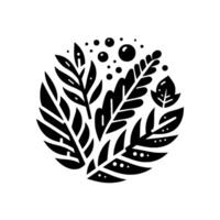 A stylized black and white circular featuring botanical elements various leaf forms and bubbles, forming a symmetrical decorative composition. vector