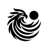 Sleek black and white avian crest depicting a stylized eagle head entwined with curved winglike elements and a prominent black sphere. vector