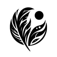 Artistic Black and White YinYang Symbol Featuring a Feathered Element and a Moonlike Element Within a Circular Composition. vector