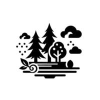 Stylized Monochrome Landscape with Pine Trees, Cloud, and Decorative Leaves and Dot elements on a White Backdrop. vector