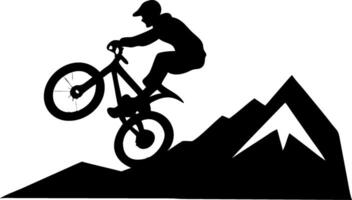 Mountain Biker Performing Trick on Hilltop with Majestic Mountains in Background vector