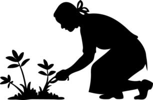 Gardener Silhouette Woman Tending to Plants Ideal for Gardening Themes and Nature Crafts vector