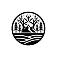 Minimalist Black and White Circular featuring Mountain Range, Evergreen Trees, Deciduous Trees, River, and Dots, with a focus on nature and outdoor aesthetics. vector