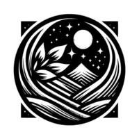 Symbolic Black White Circular Emblem Mountain Landscape with Moon, Stars, Foliage, and Stylized Waves within Square Frame. vector