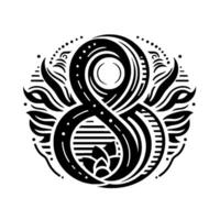 Intricate Black and White Art Deco Composition Featuring the Number Eight, Adorned with Floral and Geometric Elements, Circular . vector