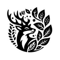 Minimalist Black and White Stag Surrounded by Foliage in a Circular Emblem, Evoking Nature Elegance. vector
