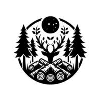 Black and white circular illustration of a stag head with leafy antlers centered above a campfire and flanked by pine trees under a starry night moon. vector