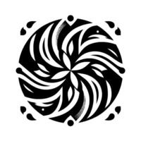 Symmetrical Black and White Artistic Mandala with Spiraling Swirls, Floral Center, and Abstract TearDrop Details. vector