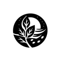 Silhouette of a leafy branch within a black circle, stylized as a nighttime landscape with moon, stars, and abstract terrain. vector
