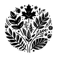 A stylized circular botanical featuring black silhouettes of various leaves, acorns, berries, and floral elements against a white background. vector