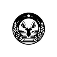 Minimalist Black Silhouette of a Stag Within a Circular Frame, Enclosed by Forest and Horizontal Stripes, Representing Nature. vector
