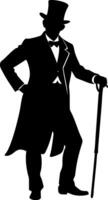 Elegant Gentleman Silhouette in Top Hat and Tailcoat with Cane for Vintage Design Projects vector