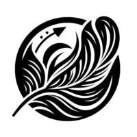An intricate, minimalist, monochrome illustration of a stylized feather within a circle, with an upwardpointing arrow and dots, evoking flight and growth. vector